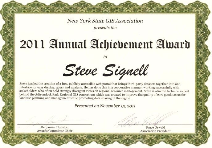 New York State GIS Association 2011 Annual Achievement Award certificate